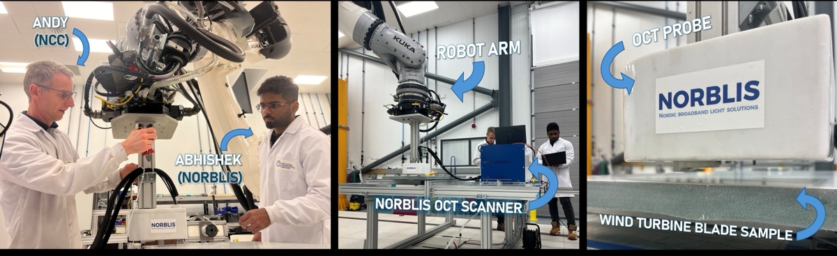 NORBLIS mid-IR OCT scanner mounted on a robot scanning a wind turbine blade